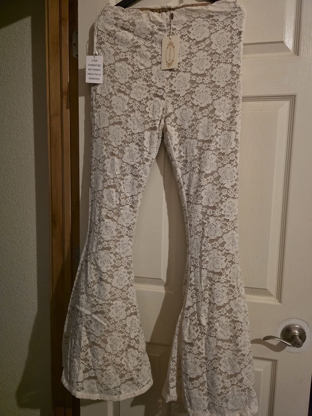 Joyfolie Ivory Floral Lace Flared Pants
